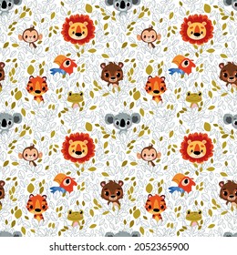 Seamless pattern with cute cartoon animals. Lion, bear, koala, frog, tiger, parrot and monkey portrait on a white background. Childish style, vector illustration.