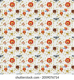 Seamless pattern with cute cartoon animals. Lion, bear, koala, frog, tiger, parrot and monkey portrait. Childish style, vector illustration