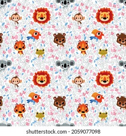 Seamless pattern with cute cartoon animals. Lion, bear and frog portrait. Childish style, vector illustration