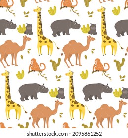 Seamless pattern with cute cartoon animals. Vector illustration.