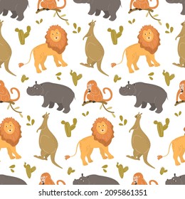 Patrón sin foco con lindos animales de dibujos animados. Ilustración vectorial.