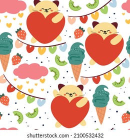 Patrón sin foco lindos animales de dibujos animados con elemento rosado. para tarjeta de San Valentín, papel de pared, papel de envoltura de regalo