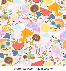 Seamless Pattern with Cute Cartoon Animals meeting Summer