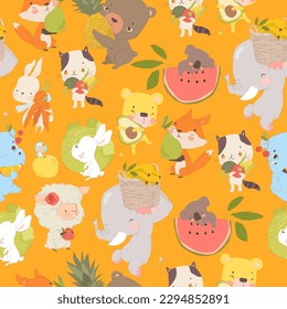 Seamless Pattern with Cute Cartoon Animals with Fruits and Vegetables