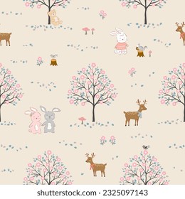 Seamless pattern with cute cartoon animals happy on spring forest,design for fabric,textile,web design,print or kid product,vector illustration
