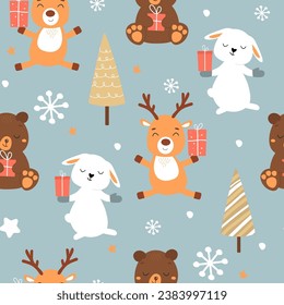 Seamless pattern with cute cartoon animals in winter on the background of snowflakes, gift boxes. Festive print with deer, bears, hares. Vector graphics.