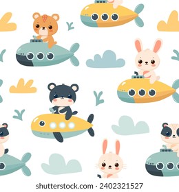 Seamless pattern with cute cartoon animals on a submarine. Vector background with rabbits and bears.