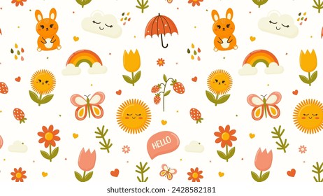 Seamless pattern with cute cartoon animals and flowers. Vector illustration.