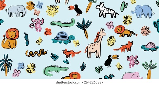seamless pattern with cute cartoon animals. vector illustration