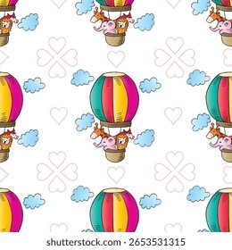 Seamless pattern with cute cartoon animals in hot air balloons. Vector illustration.