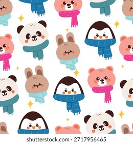 padrão sem emenda bonitos animais de desenho animado com cachecol para papel de parede de inverno