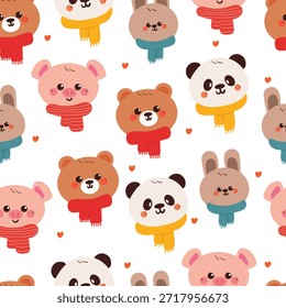 seamless pattern cute cartoon animals with scarf for winter wallpaper
