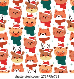 Patrón inconsútil animales lindos de la historieta con la bufanda y el elemento de las Navidades para el Fondo de pantalla de invierno