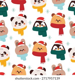 Patrón inconsútil animales lindos de la historieta con la bufanda y el elemento de las Navidades para el Fondo de pantalla de invierno