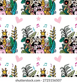 Patrón sin fisuras con lindos animales de dibujos animados y notas musicales. Ilustración vectorial.