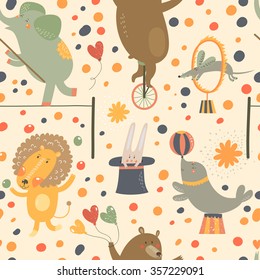 Seamless pattern with cute cartoon animals from circus: elephant, bear, lion, rabbit, rat and cute seal. Vector background.