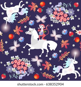Seamless pattern with cute cartoon animals - horse, unicorns, monkey, butteflies. Beautiful vector illustration. Print for fabric, wrapping paper.