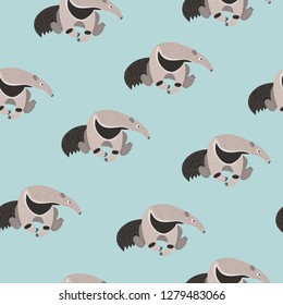 Seamless pattern with cute cartoon ant eater. Vector ant bear background for kids.