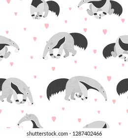 Seamless pattern with cute cartoon ant eater and hearts.