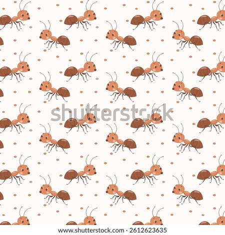 Seamless pattern with cute cartoon ants and polka dots. Fun and simple design for kids, fabric, wrapping paper, or educational materials.

