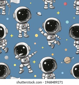 Seamless Pattern Cute Cartoon Astronaut On A Blue Background