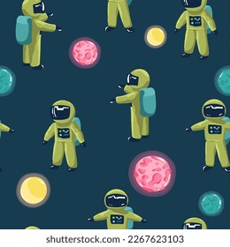 Seamless pattern Cute Cartoon astronaut on a blue background Space Seamless Pattern with Planets and Stars. Doodle Cartoon Cute Saturn Planet. Space Vector Background for Kids