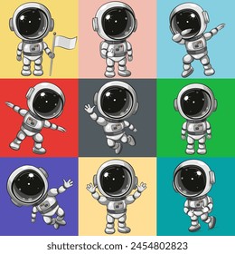 Seamless pattern Cute Cartoon astronauts on a colorful background