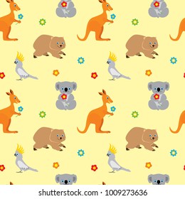 Seamless pattern with cute cartoon australian animals. Kangaroo, koala bear, parrot cockatoo, wombat. Vector illustration in childrens style.