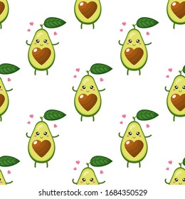 Seamless pattern with cute cartoon avocado character in love on white background. Vector illustration for any design.