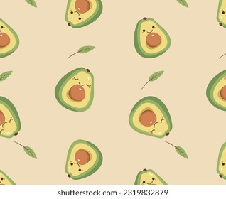 seamless pattern, cute cartoon avocado and leaves on a light background, wrapping paper