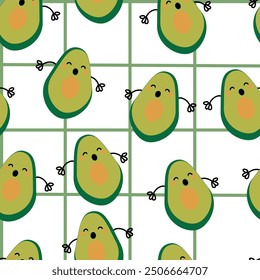Seamless pattern with cute cartoon avocado fruits, for fabric prints, textiles, colorful gift wrapping paper for children, flat style