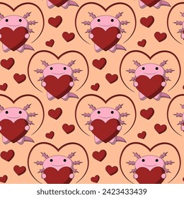 Seamless pattern with Cute cartoon Axolotl with heart