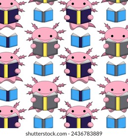 Seamless pattern with Cute cartoon Axolotl with book