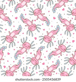 Seamless pattern with cute cartoon axolotles with hearts - funny animals background for Your happy design