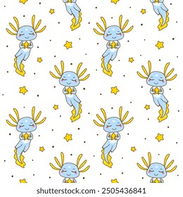 Seamless pattern with cute cartoon axolotles with stars - funny animals background for Your happy design