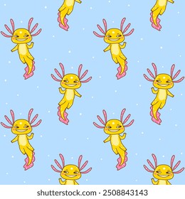 Seamless pattern with cute cartoon axolotles - funny animals background for Your happy design