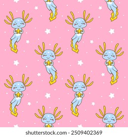 Seamless pattern with cute cartoon axolotles with stars - funny animals background for Your happy design