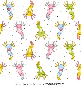 Seamless pattern with cute cartoon axolotles on white - funny animals background for Your happy design