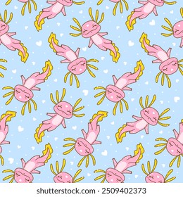 Seamless pattern with cute cartoon axolotles with hearts - funny animals background for Your happy design