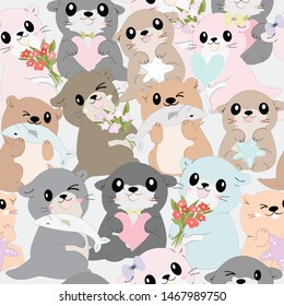 Seamless pattern cute cartoon baby otter with fish,star,heart and flower,illustration vector doodle comic art.