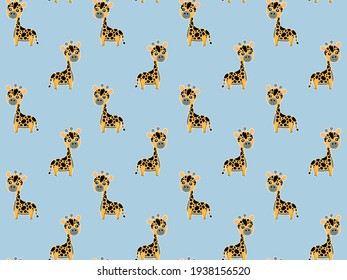 Seamless pattern of cute cartoon baby giraffes with ruddy pink cheeks and white outlines like stickers on a blue background. Endless texture of African animals for printing on baby clothing. Vector.