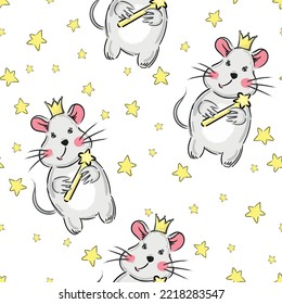 Seamless pattern with cute cartoon baby mouse with crown and stars. Vector
