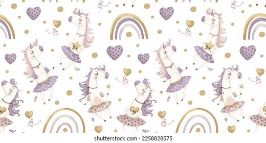 Patrón sin foco con adorables dibujos animados para bebés unicornios, arco iris y corazones sobre fondo blanco. Perfecto para el diseño textil, de papel pintado o de impresión.