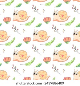 Seamless pattern, cute cartoon baby snail, on white background for fabric, wrapping paper, wallpaper