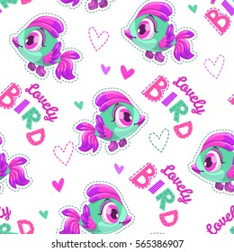 Seamless pattern with cute cartoon baby bird, slogan and hearts on white background. Vector illustration. Funny childish texture.