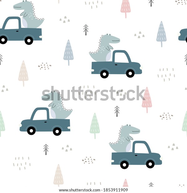Seamless pattern Cute cartoon\
background With dinosaurs and cars Hand drawn design in kid style,\
use for print, wallpaper, decoration, textile. Vector\
illustration