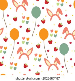Seamless pattern with cute cartoon balloon, bunny ear and strawberry for fabric print, textile, gift wrapping paper. colorful vector for textile, flat style