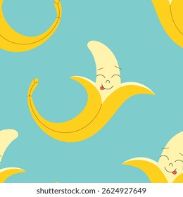 Seamless pattern with cute cartoon bananas on blue background