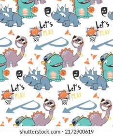 Seamless pattern, Cute cartoon basketball player dinosaurs on isolated background illustration vector, T-Shirt design for kids.