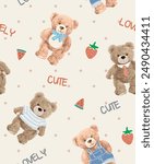 seamless pattern of cute cartoon bear doll in costume vector illustration
